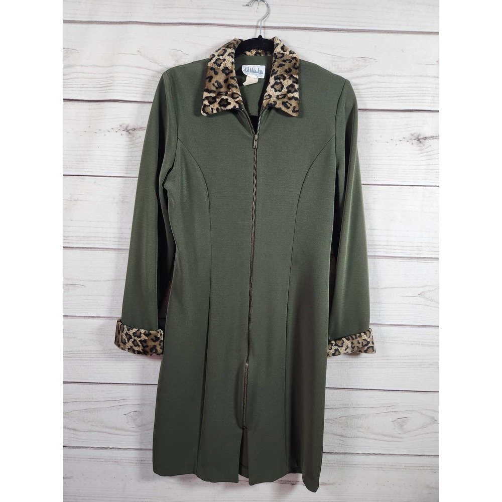 Citi Dress Womens Midi Zipper Long Sleeve‎ Leopard Faux Fur Detail Green 10